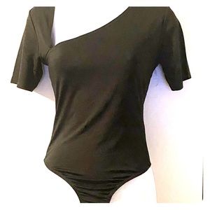 Asymmetric Black Thong Bodysuit